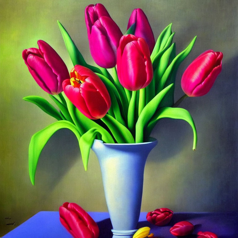 Colorful painting: Red tulip bouquet in blue vase with fallen petal