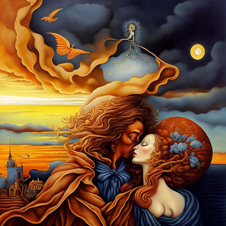 Surreal painting: Two faces kissing, day and night, with clouds, castle, and birds