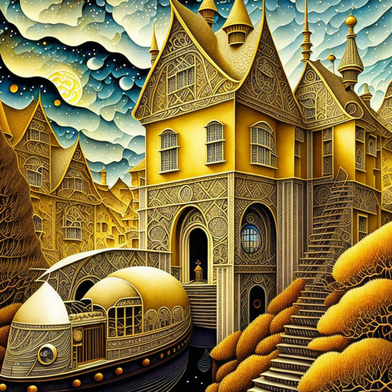 Whimsical village with steampunk airship in warm golden tones