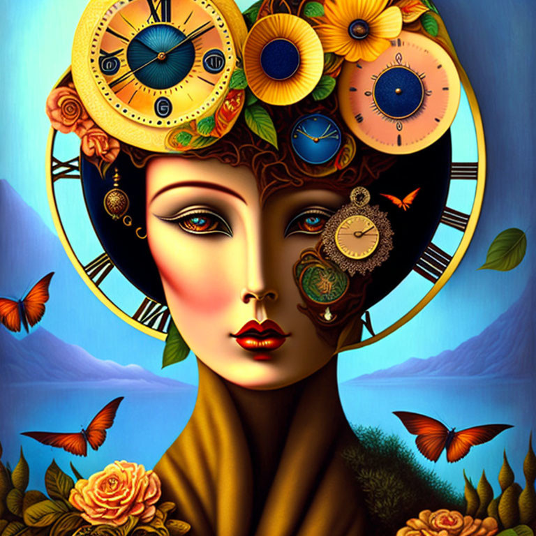 Woman's face with clock elements, flower hair, butterfly wings, and nature backdrop.