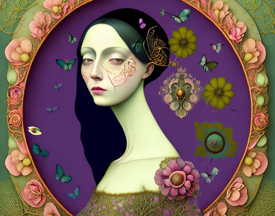 Pale woman adorned with floral motifs and butterflies in oval frame.