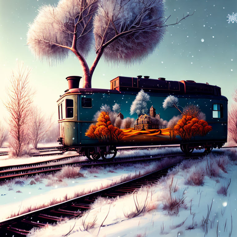 Vintage Train on Snow-Covered Tracks in Wintry Landscape