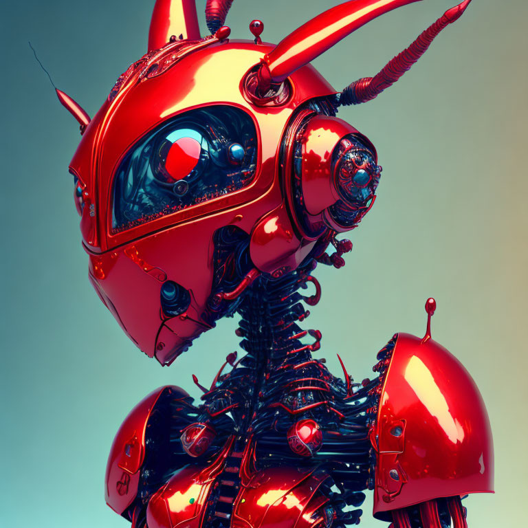 Red robotic insect with glossy carapace and mechanical parts