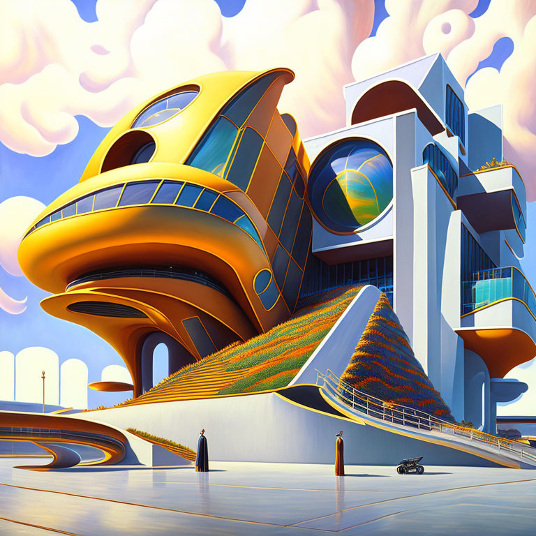 Vibrant futuristic building with organic shapes and figure on curving road