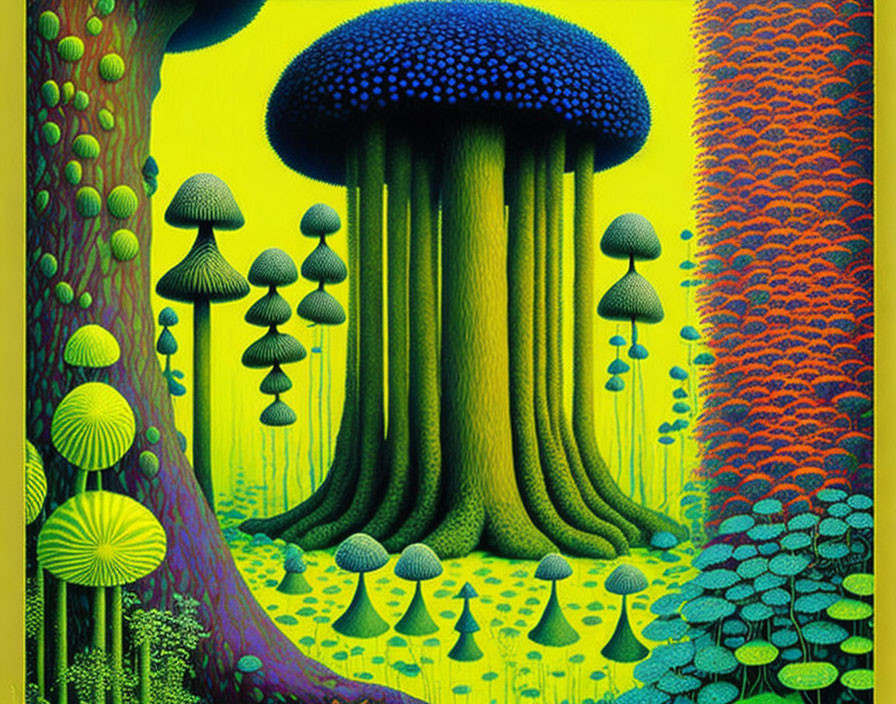 Colorful Psychedelic Forest with Oversized Mushrooms in Green, Blue, and Yellow