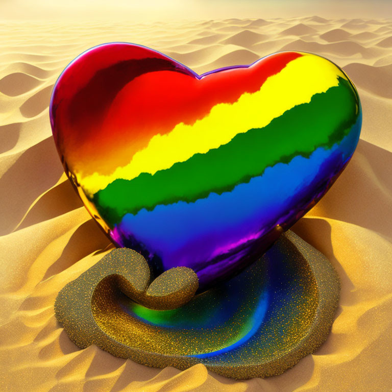 Colorful Rainbow Heart Reflecting on Sandy Desert