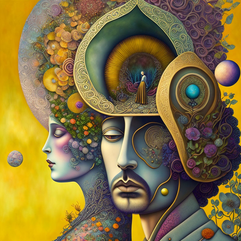 Vibrant surreal artwork: two faces in profile with intricate patterns and central eye motif