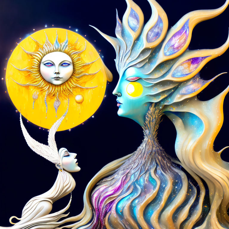 Surreal artwork: Celestial beings embodying sun and stars