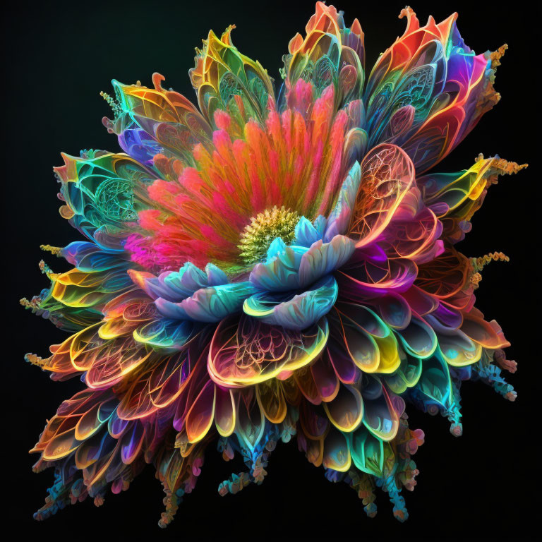 Abstract multicolored fractal flower art on black background