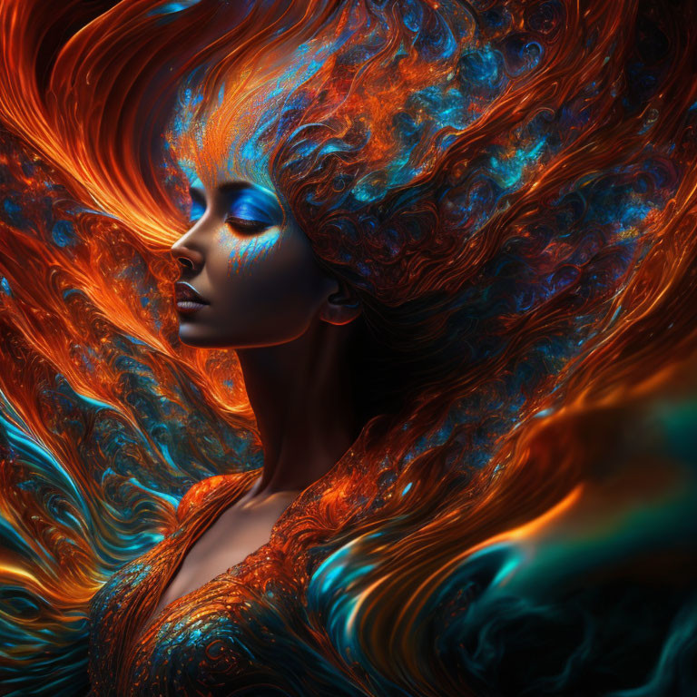 Vibrant artwork: Woman with fiery orange hair and lava-textured skin on dark background