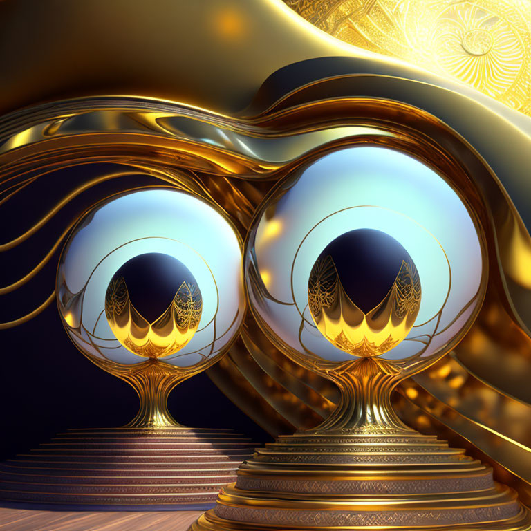 Golden reflective structures with circular openings in surreal digital art