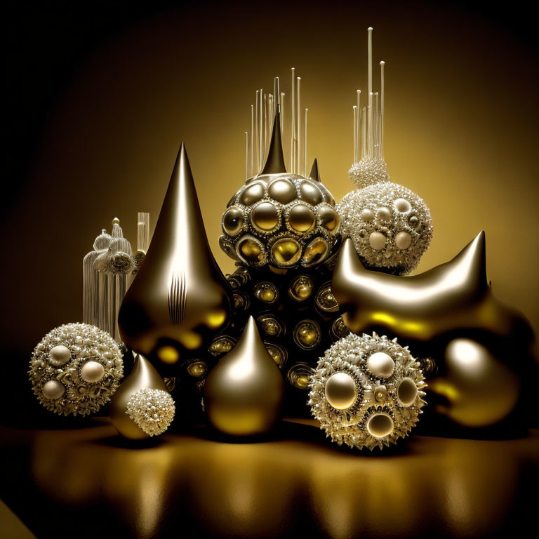 Abstract Golden Sculptures: Spherical, Conical, and Blob-like Textures