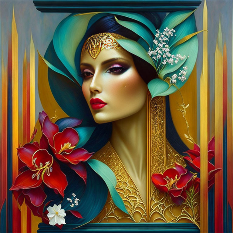 Colorful artwork of stylized woman with gold details and flowers