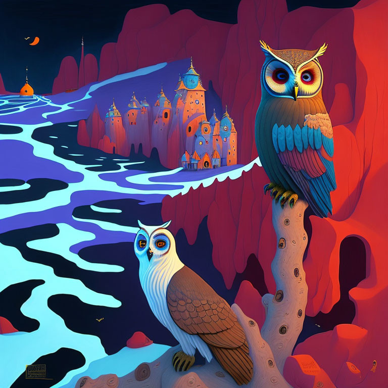 Colorful fantasy landscape with stylized owls and glowing river