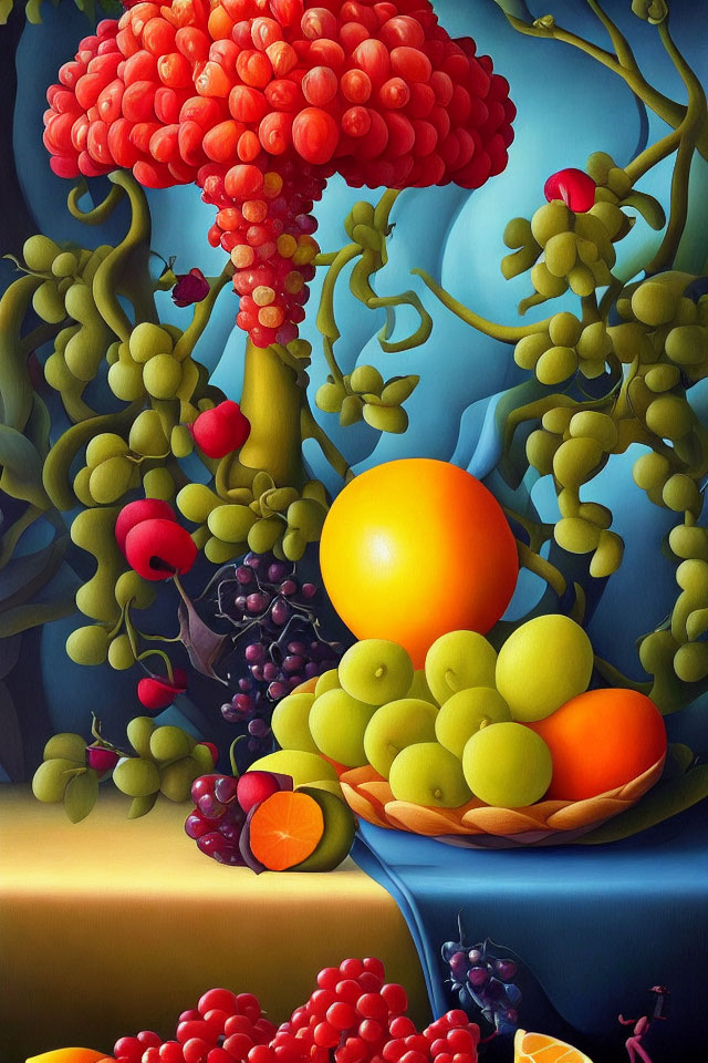 Colorful still-life with fruits on fabric, surreal plant shapes in background