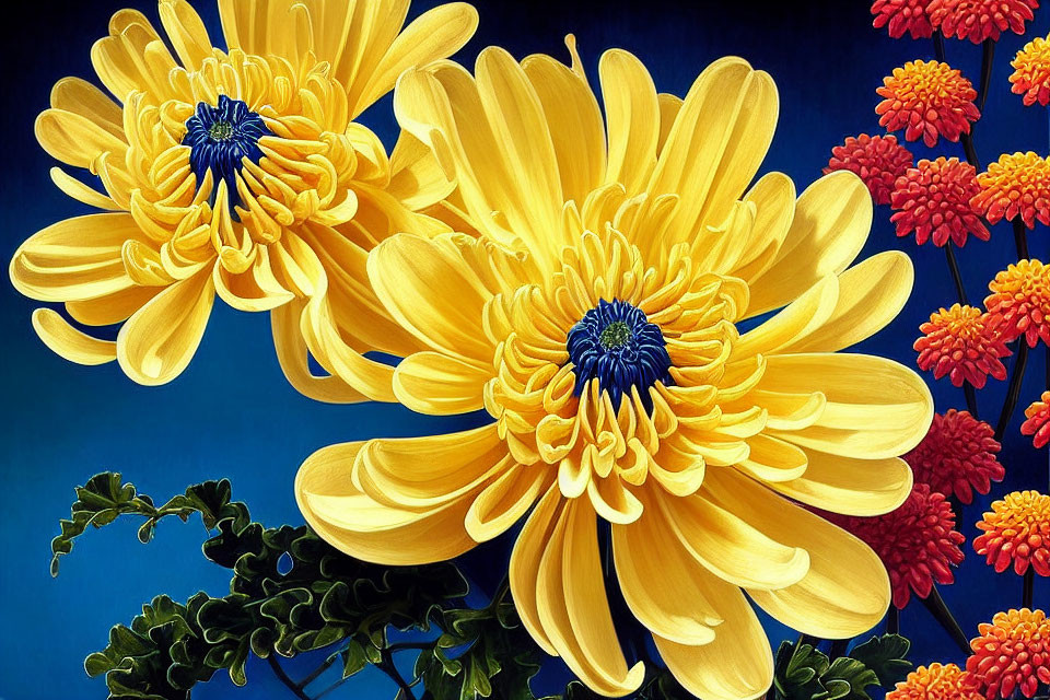 Detailed Illustration of Large Yellow Chrysanthemums on Dark Blue Background