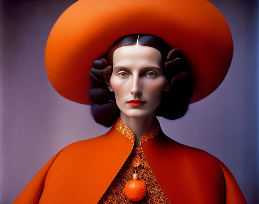 Elegant woman in extravagant orange hat and coat with intricate patterns