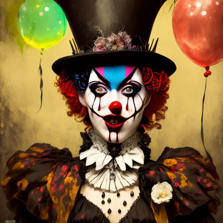 Colorful Clown Costume with Balloons on Sepia Background