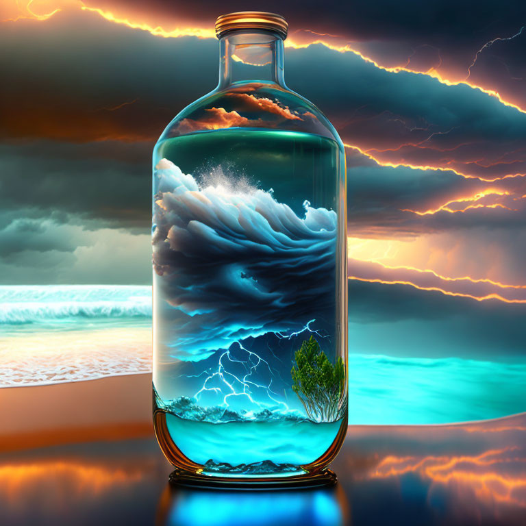 Digital art: Glass bottle with stormy ocean scene, thunder, lightning, vibrant sea and sky background