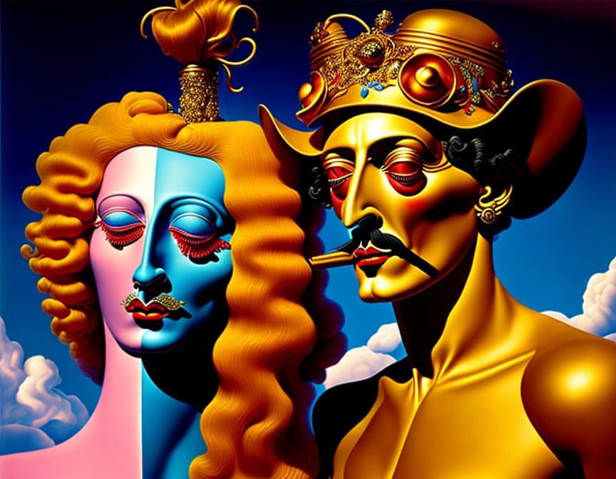 Vibrant surrealistic painting of two figures with blended facial features and sky elements