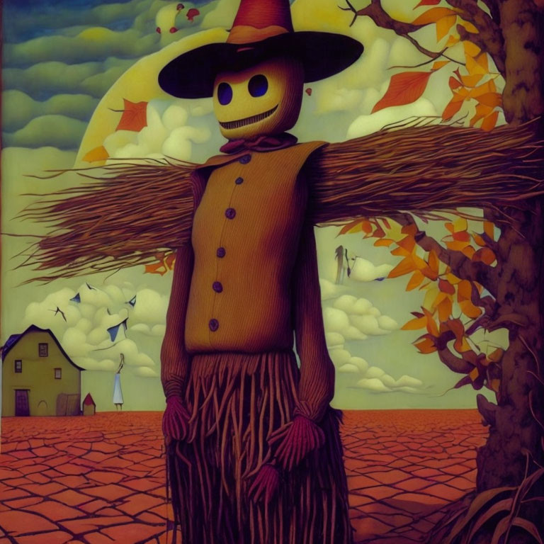 Colorful autumn scarecrow painting with pumpkin head and birds in background