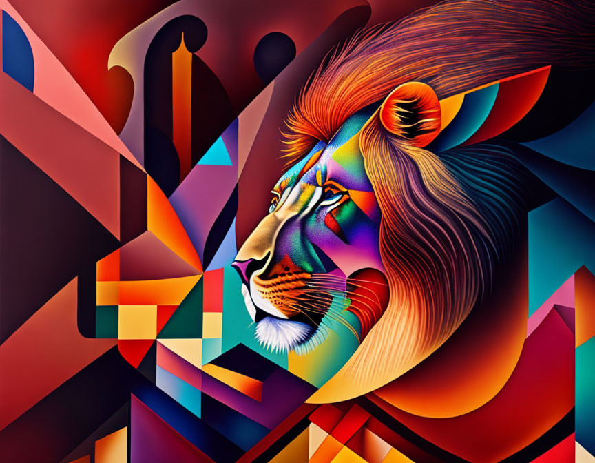 Colorful Stylized Lion Artwork on Geometric Background