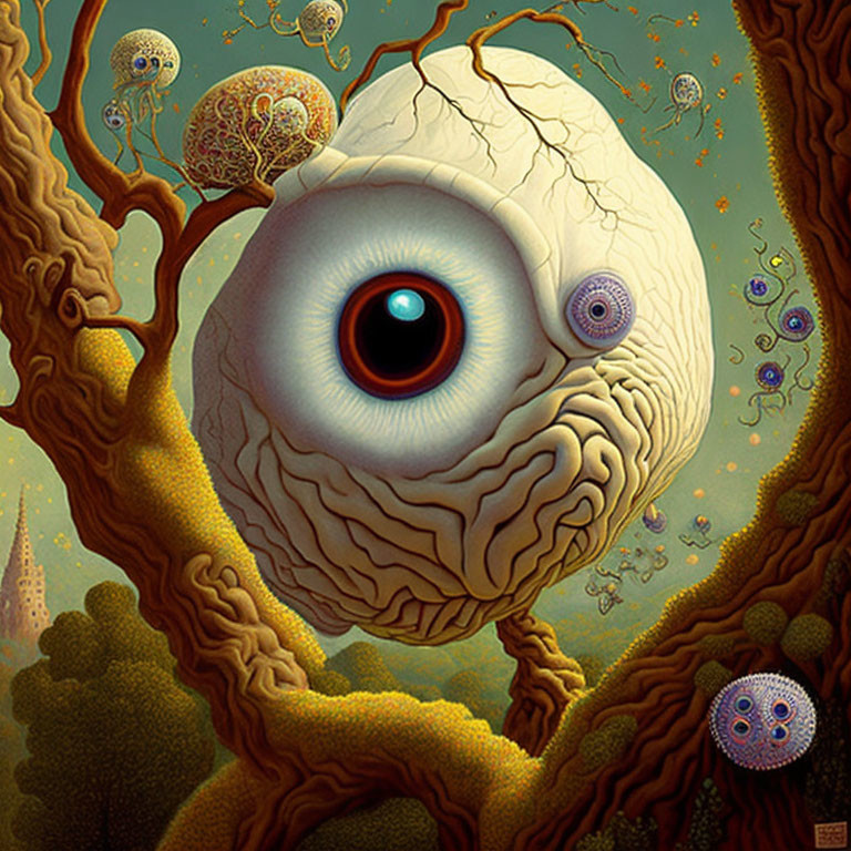 Surreal illustration of large cracked eye in whimsical landscape