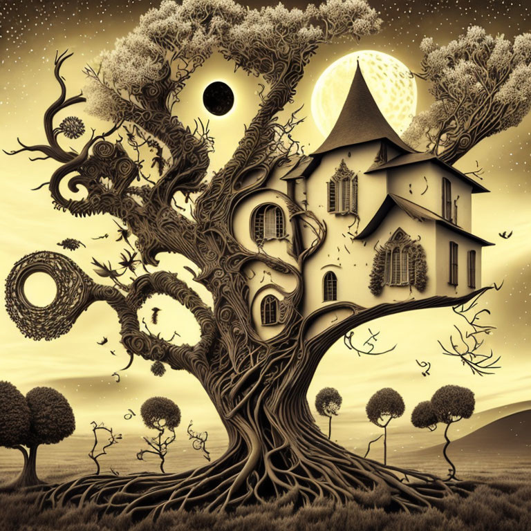 Surreal illustration of tree, house, circular objects, and dual sky