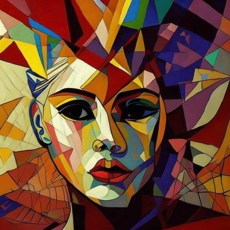 Colorful Cubist-Style Portrait with Geometric Shapes and Mosaic Pattern