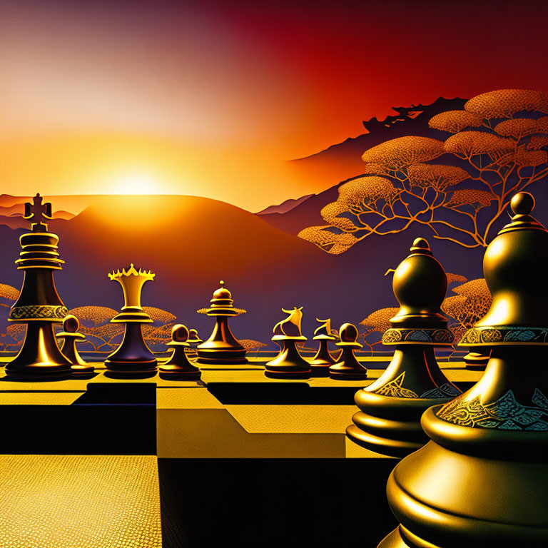 Stylized chessboard with ornate pieces on rolling hills at sunset