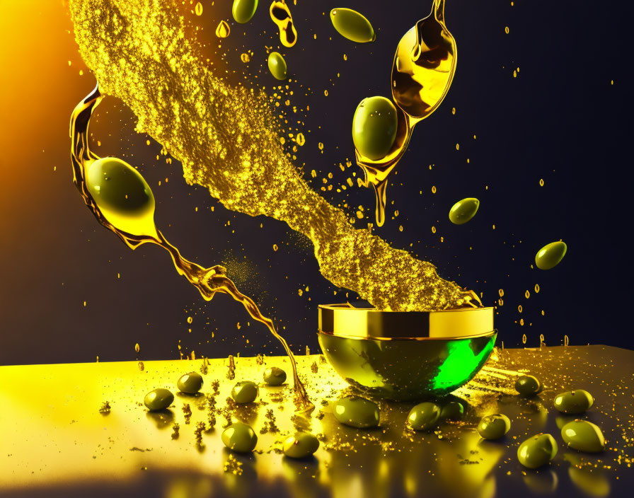 Golden liquid splash in half-open sphere on dual-tone background