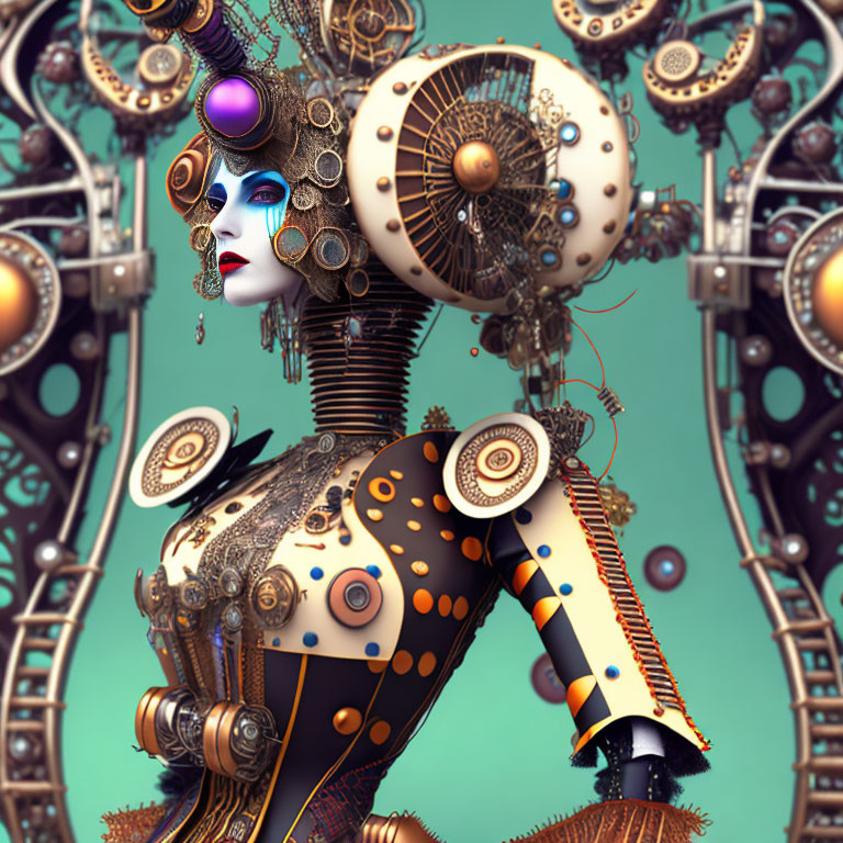 Steampunk-style female robotic figure with ornate gears in 3D illustration