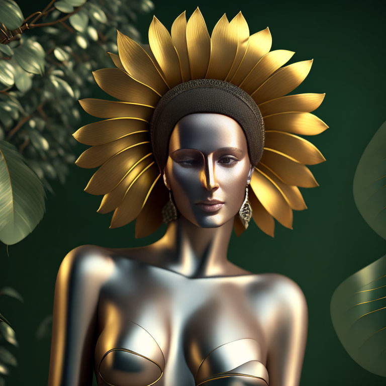 Golden female figure with sunflower headdress in 3D art