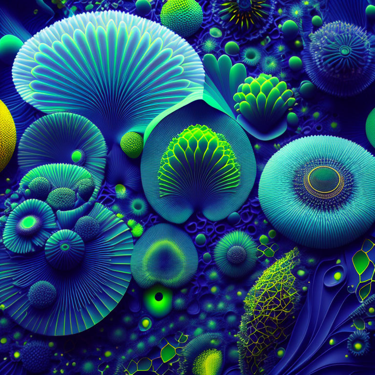 Abstract coral-like structures in vibrant blue and green hues with intricate patterns