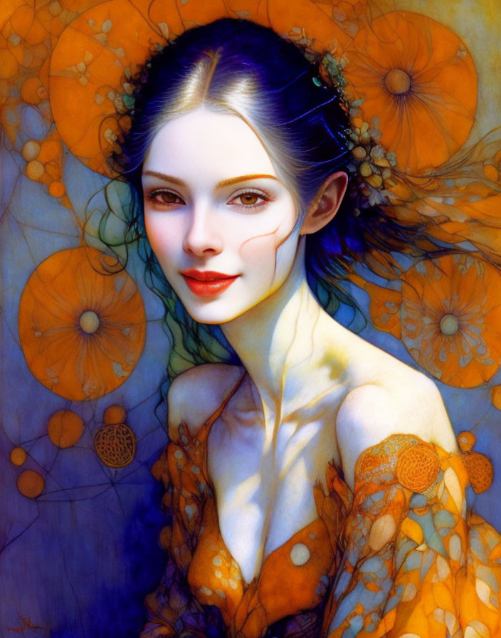 Fantasy Woman Illustration with Orange Floral Motifs