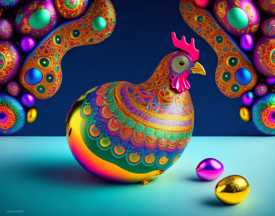 Colorful ornate rooster-shaped object with vibrant patterns and shiny surface on intricate backdrop.