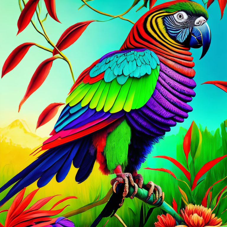 Colorful Parrot Illustration Perched on Tropical Branch