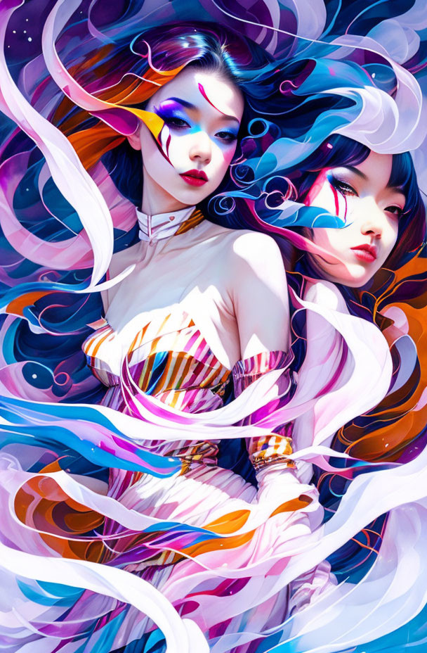 Colorful digital artwork: Two women with flowing hair and garments, abstract swirls.