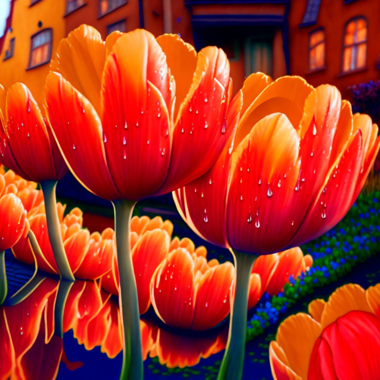 Colorful orange tulips and whimsical houses under indigo sky