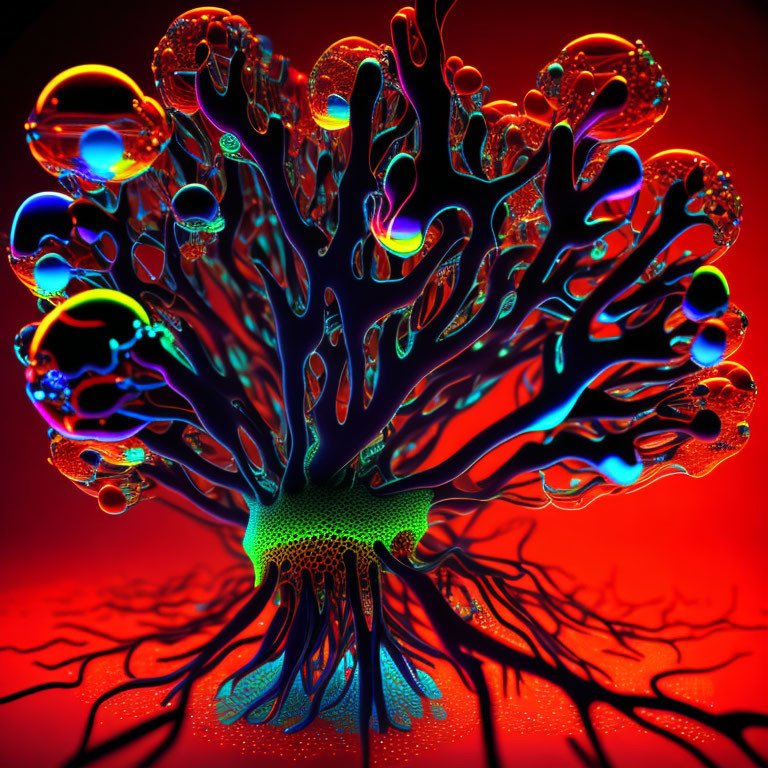 Colorful 3D-rendered tree with coral-like branches and iridescent bubbles on red background