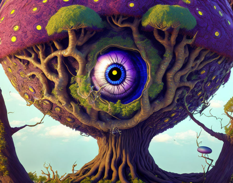 Colorful Tree Illustration with Eye-Shaped Branches in Fantasy Landscape