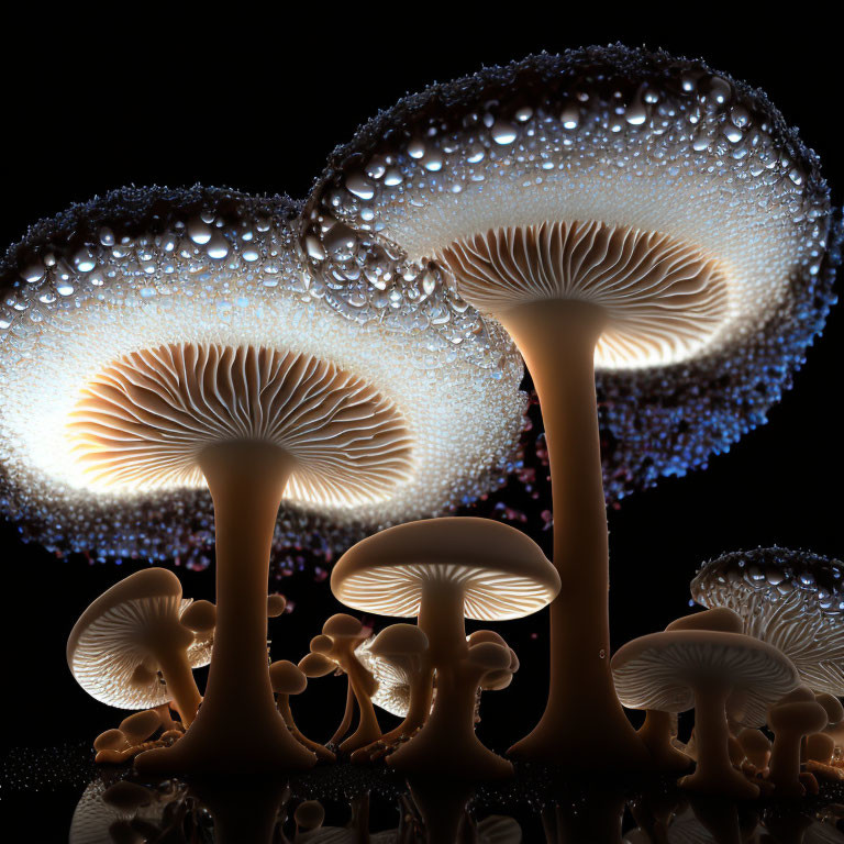 Glowing bioluminescent mushrooms with water droplets on caps