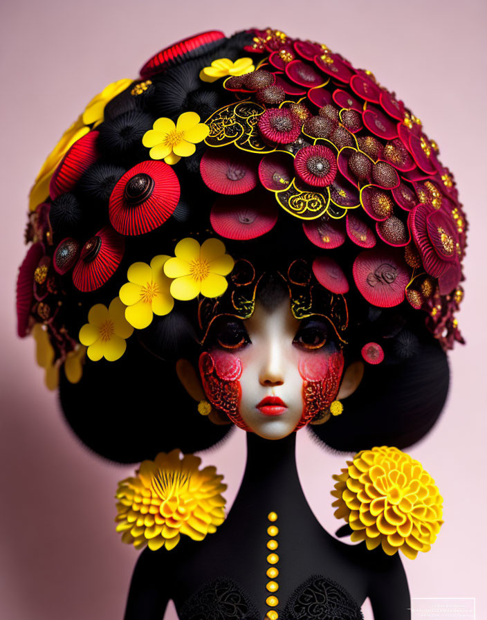 Ornate Floral Hairstyle and Facial Decorations in Artistic Figure