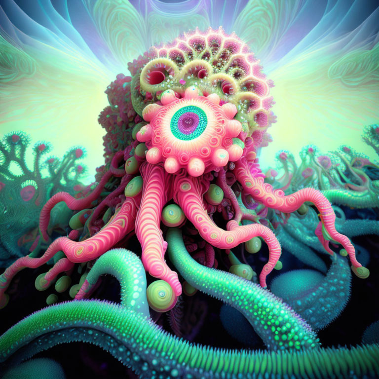 Colorful Octopus Fractal Art with Neon Spiral Patterns