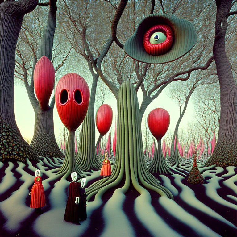 Surreal landscape with anthropomorphic trees and abstract figures, central eye, red pods, striped grounds