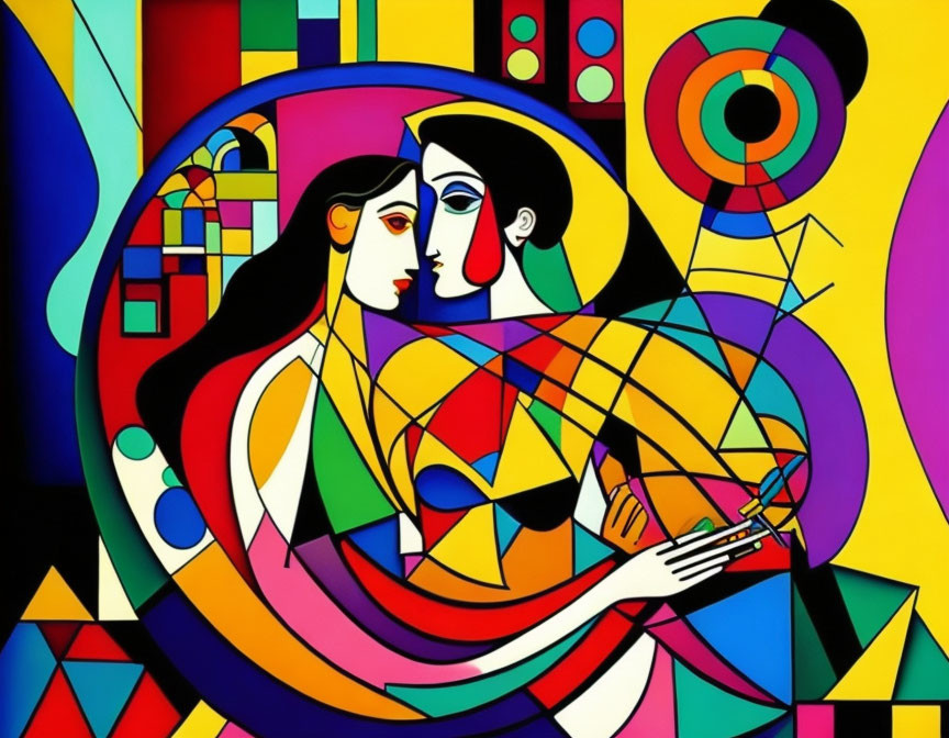 Vibrant abstract painting of entwined figures on geometric backdrop