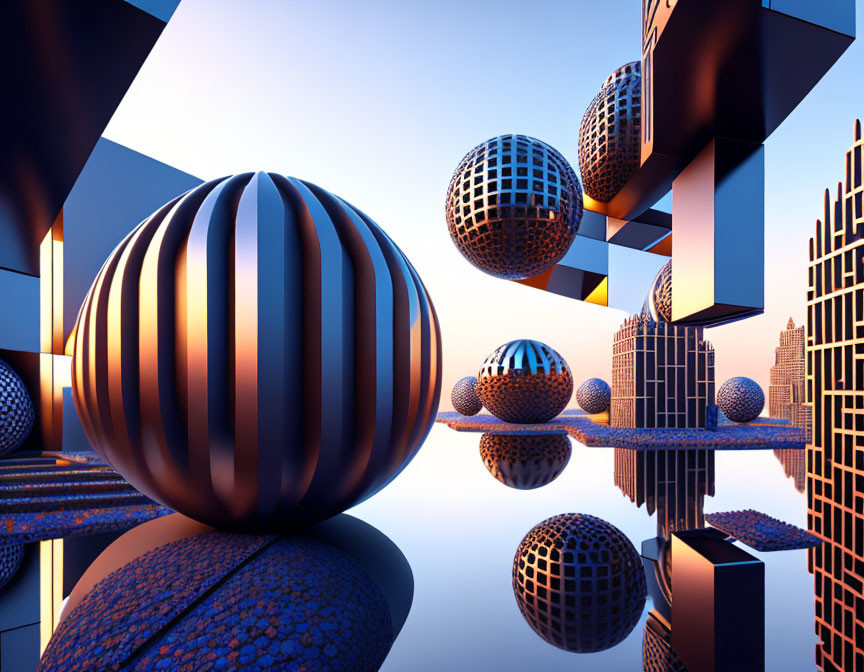 Surreal landscape with reflective spheres and geometric structures at dusk