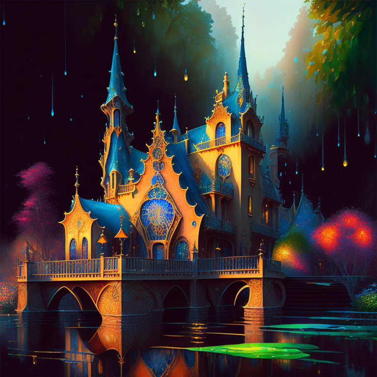 Fantasy castle with spires in twilight by glowing lake