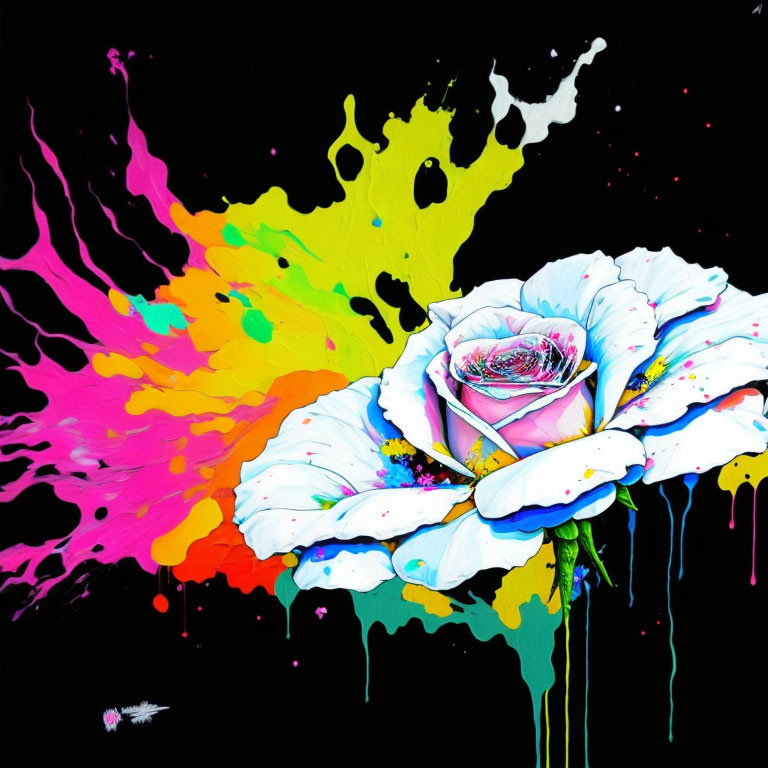 Colorful neon paint splatters on white rose against black background