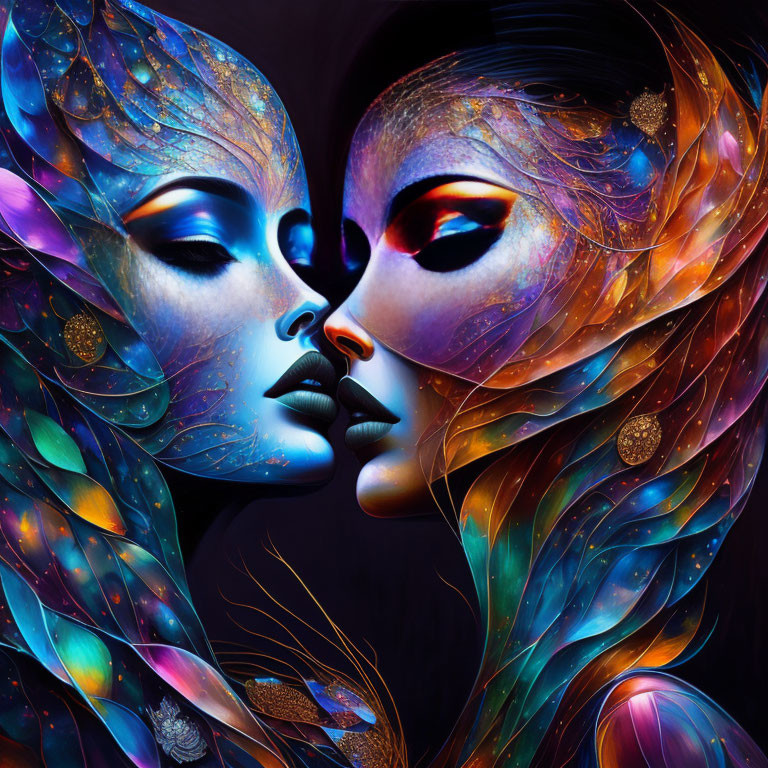 Colorful artistic faces with feather-like details on dark background